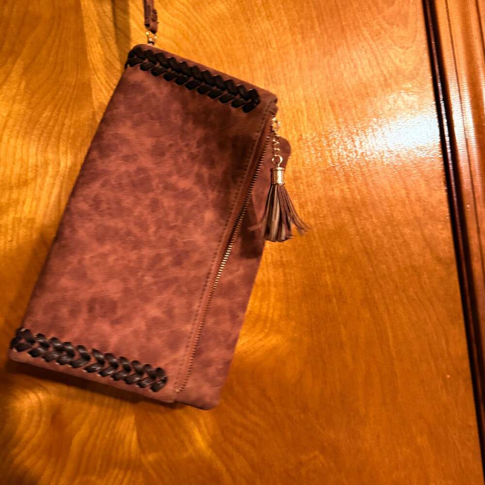 ALFANI Vegan Leather Foldover Purse Handbag Clutch Bag Tassle